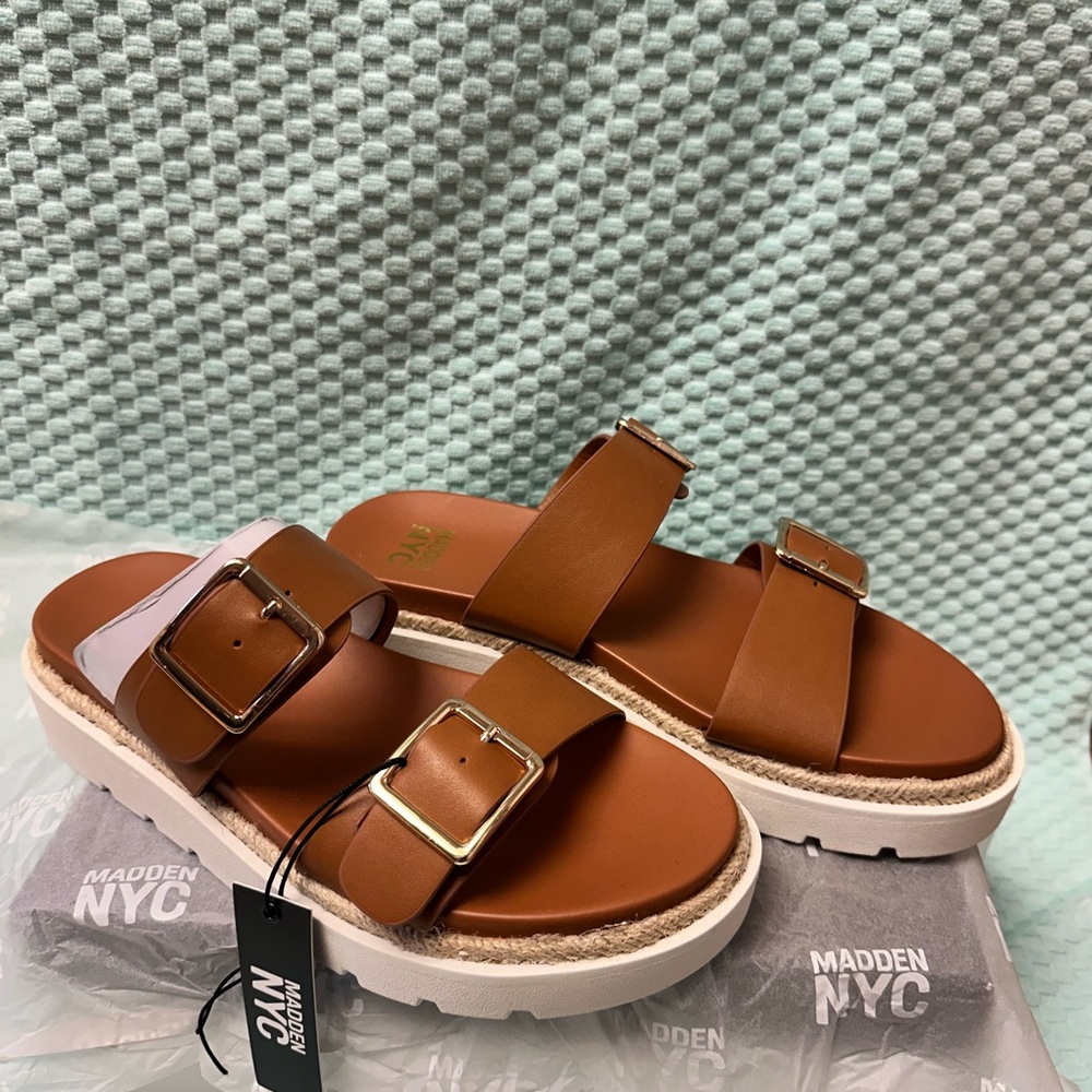 Madden NYC Women's Cognac Double-Buckle Slide Sandals NIB